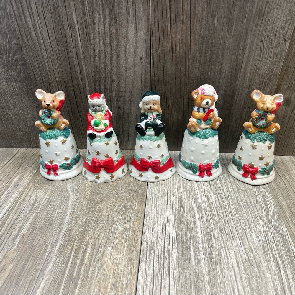 Ceramic Christmas Holiday Bells Mice, Cat, Bear, Rabbit Red Bows Set Of 5